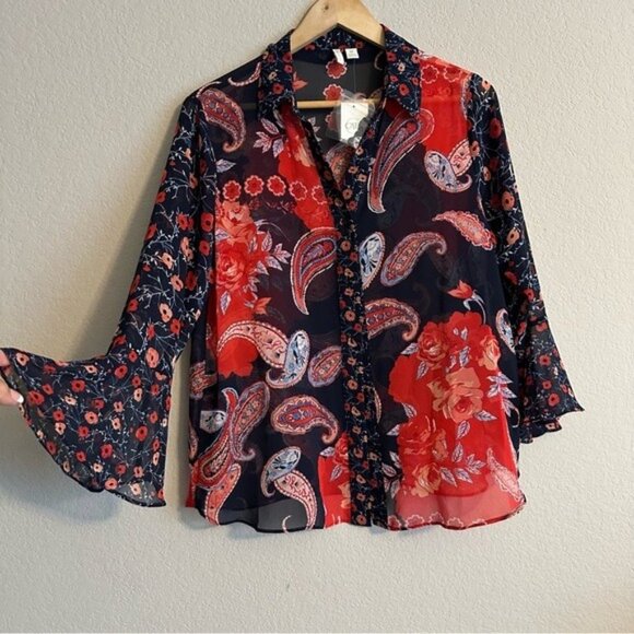 Boho Paisley Floral Bell Sleeve Sheer Blouse Sz M Retro Vintage Chic Fairytale - Picture 2 of 13